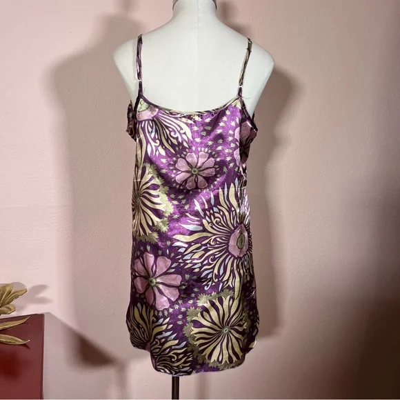 Vintage retro Asian floral royal purple green satin mini slip dress Robe set - Picture 12 of 16